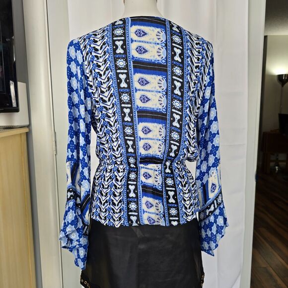 Free People Rosalie Wrap Blouse In Indigo Bell Sleeve V-Neck Blouse Size S - Picture 5 of 13
